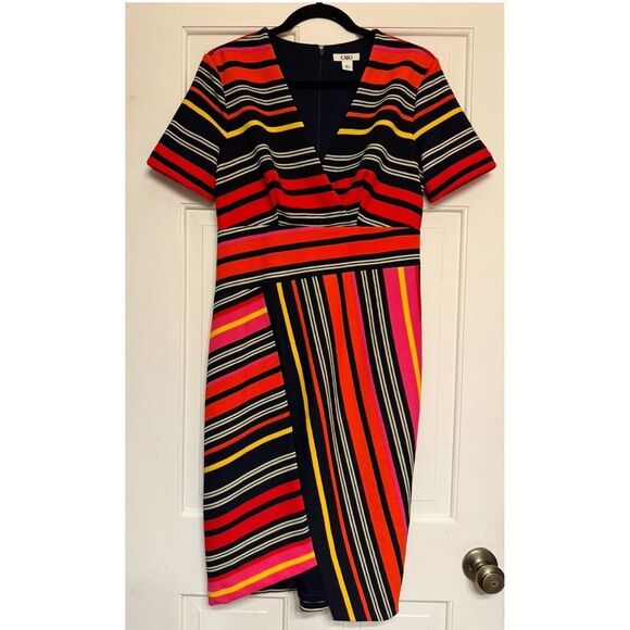 Cato Fully Lined Multicolor Dress with Multidirectional Stripes V-Neck Size 10 - Picture 2 of 11